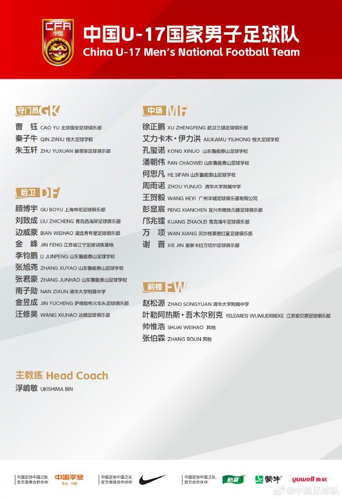 国足公布U17集训大名单：万项、邝兆镭、帅惟浩在列